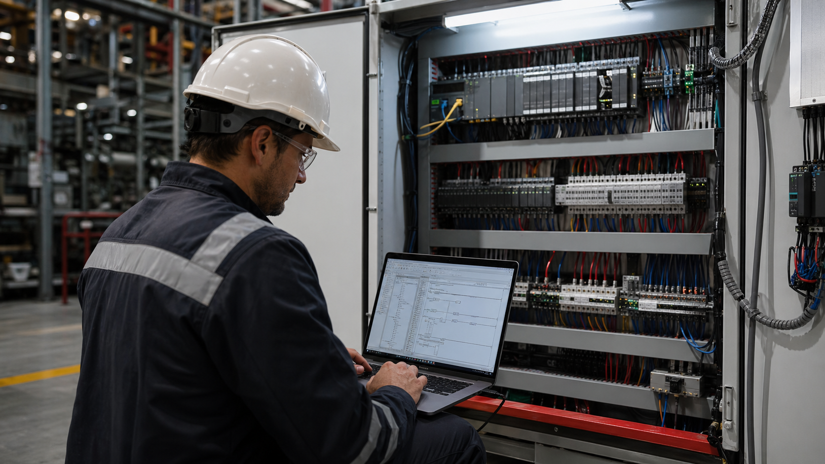 Técnico ajustando painel com PLC industrial