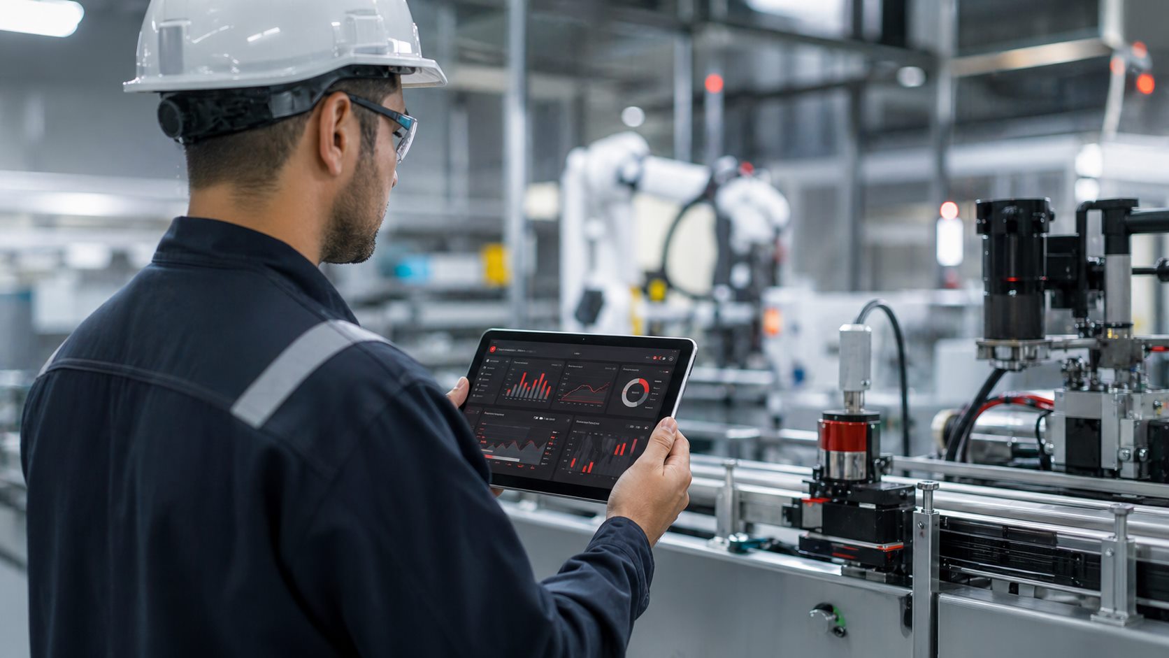 Rede de dados industriais conectando sensores e painel de indicadores